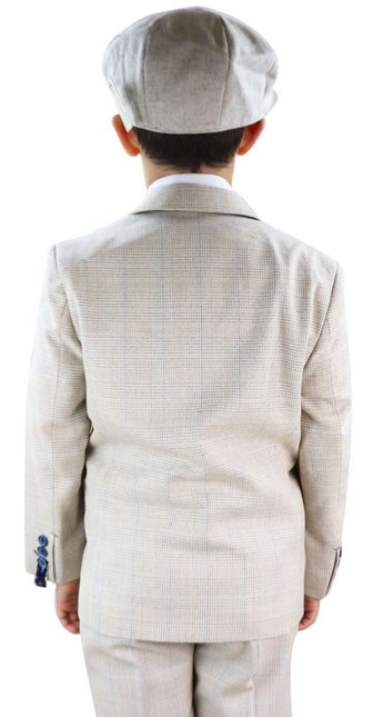 Boys 3 Piece Cream Herringbone Tweed Check Classic  Suit