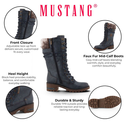 Mustang Women's Navy Mid-Calf Faux Fur Winter Combat Boots - M0082003