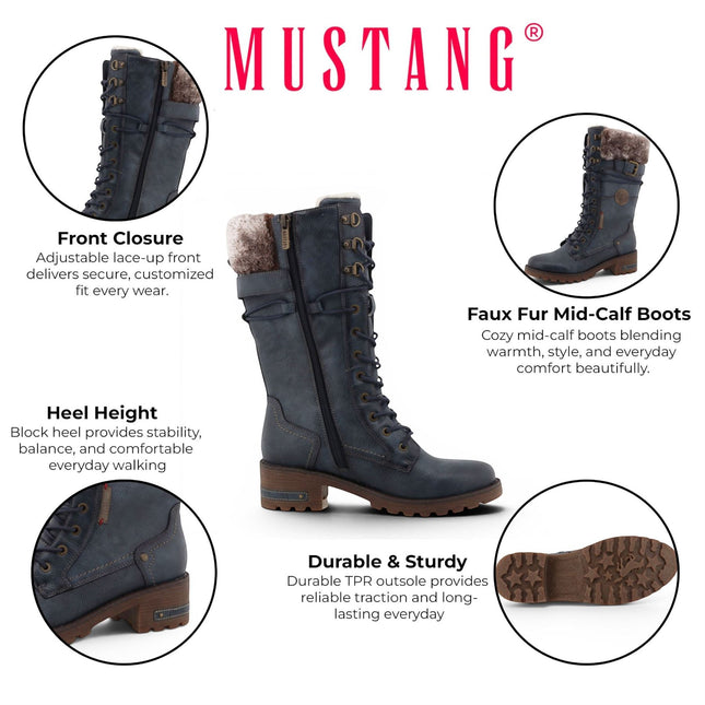 Mustang Women's Navy Mid-Calf Faux Fur Winter Combat Boots - M0082003