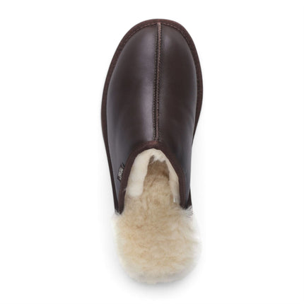 Men's Brown Genuine Lamb Leather Slippers Real Fur Mule Winter Slippers - Highland