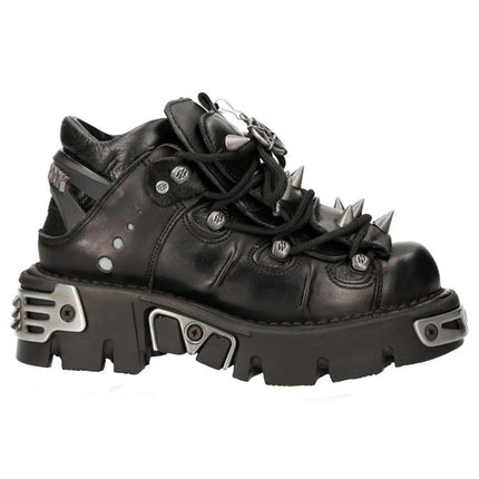 New Rock Black Leather Spiked Ankle Boots - 110-S1