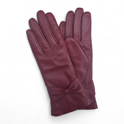 Womens Burgundy Red Italian Leather Winter Bow Design Soft Wool Lining Gloves - L-GLV-401