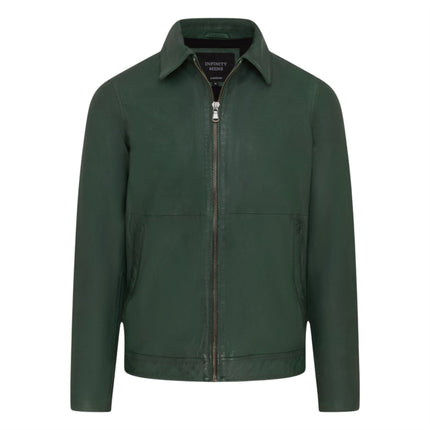 Mens Leather Green Harrington Collar Biker Jacket - Alpha