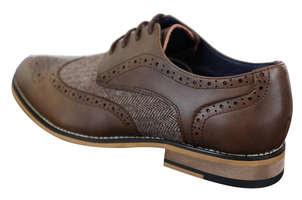Mens Classic Oxford Tweed Brogue Shoes In Brown Leather