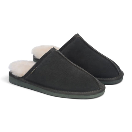 Men's Genuine Sheepskin Olive Green Suede Mule Winter Warm Non-Slip - Highland