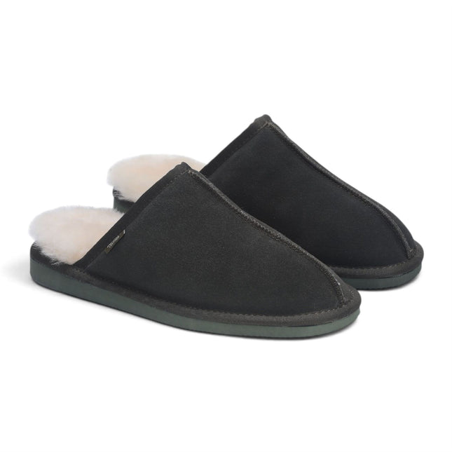 Men's Genuine Sheepskin Olive Green Suede Mule Winter Warm Non-Slip - Highland