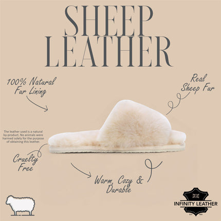 Women's Sheepskin Slippers Beige Warm Winter Fur Sliders - Nordic
