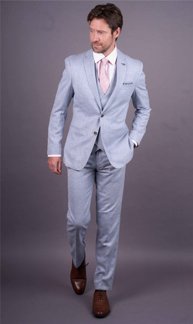 Men's Light Blue Plain Check 3 Piece Slim Fit Formal Wedding Suit