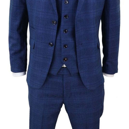Mens 3 Piece Blue Birdseye Check Classic Suit