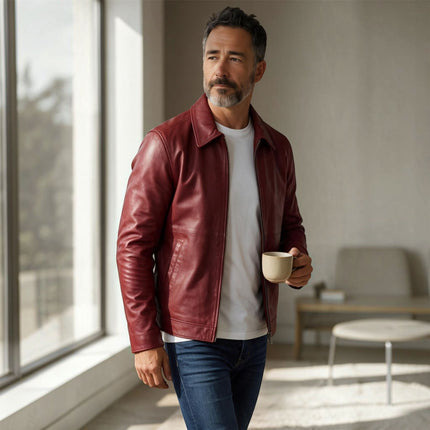 Mens Leather Red Harrington Collar Biker Jacket - Alpha
