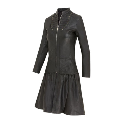 Womens Goth Black Leather Victorian Studded Flare Coat- Ribet