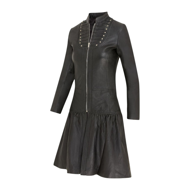 Womens Goth Black Leather Victorian Studded Flare Coat- Ribet