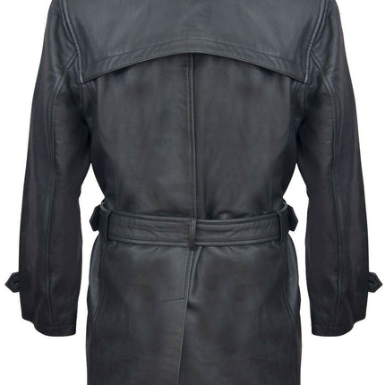 Mens Black Leather Trench Coat-Memphis