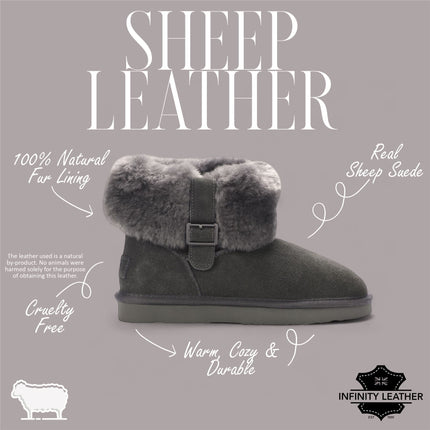 Women's Genuine Sheepskin Grey Suede Ankle Bootie Winter Boots - Granite