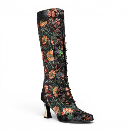 Laura Vita Women's Black Victorian Floral Leather Knee-High Heeled Boots - Oanelo-02