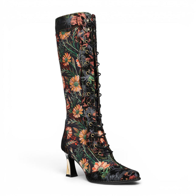 Laura Vita Women's Black Victorian Floral Leather Knee-High Heeled Boots - Oanelo-02