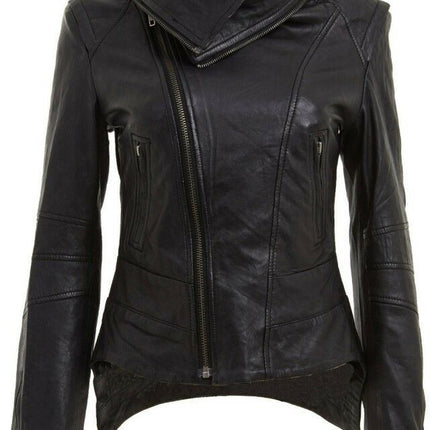 Womens Detachable Collar Leather Biker Jacket-Rosario