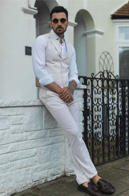 Men's Summer 2 Piece Suit Linen Formal Cream Beige Waistcoat Trousers