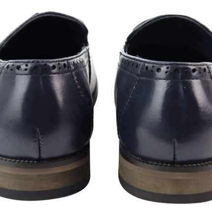 Mens Tasselled Navy Leather Tweed Brogue Slip On Loafers