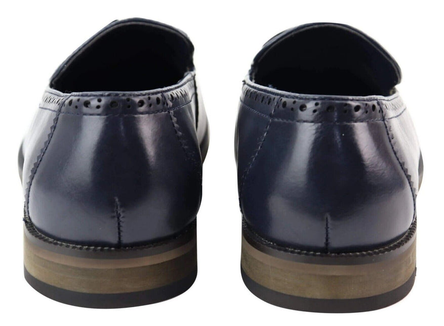 Mens Tasselled Navy Leather Tweed Brogue Slip On Loafers