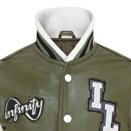 Kids Green Letterman Leather Varsity College Bomber Jacket