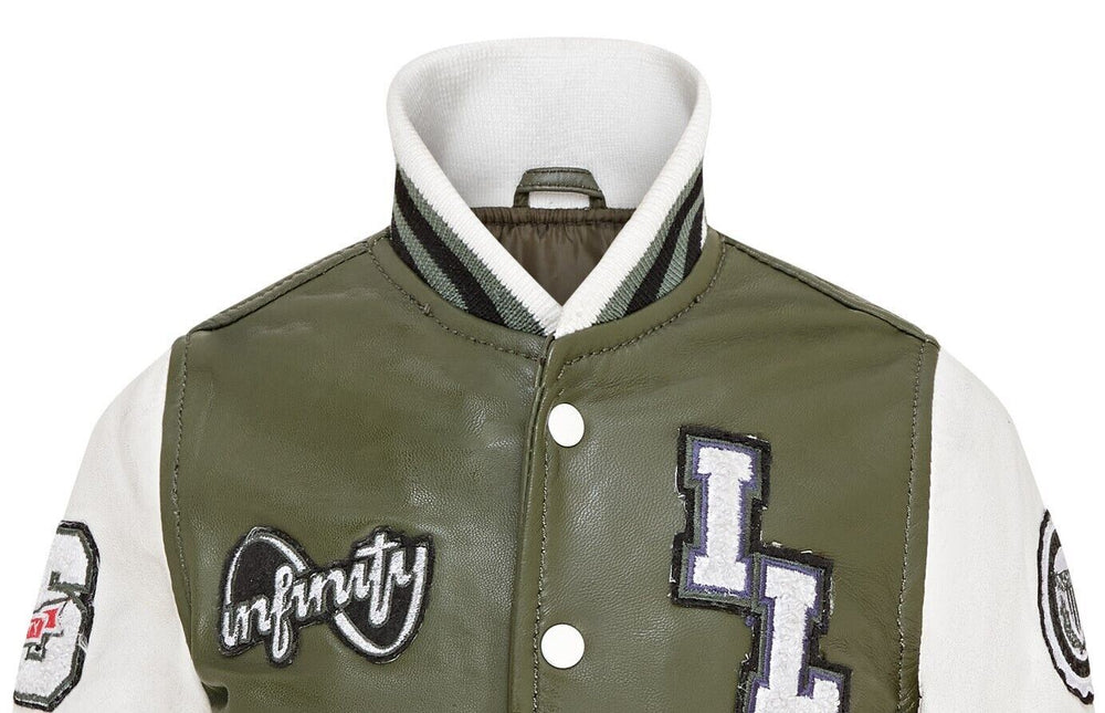 Kids Green Letterman Leather Varsity College Bomber Jacket