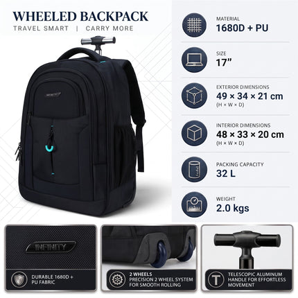 17" Black Wheeled Laptop Backpack 1680D + PU 2 Wheel Trolley Rucksack