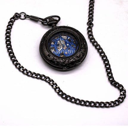 Vinatage Black Mechanical Alloy Skeleton Half Hunter Pocket Watch