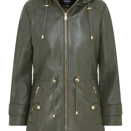 Women's Green Leather Parka Detachable Borg Hooded Trench Coat - Trekker
