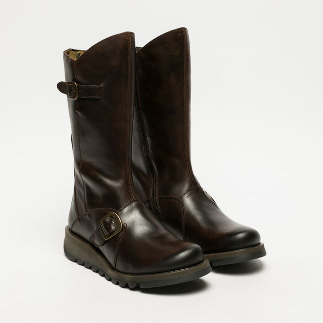 Fly London Womens Brown Mes 2 Wedge Heel Buckle Mid-Calf Leather Zip Platform Boots
