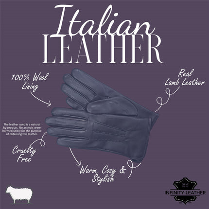 Womens Purple Italian Leather Winter Stitch Line Design Soft Wool Lining Gloves - L-GLV-301