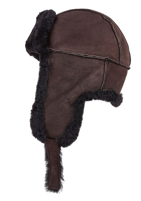 Mens Brown RAF Aviator Suede Sheepskin B-55 Trapper Hat Winter Warm Leather Navigator Hat