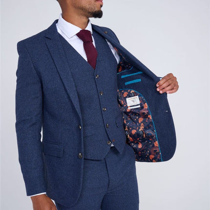 Men's Navy Blue Tweed 3 Piece Wool Suit