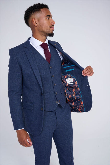 Men's Navy Blue Tweed 3 Piece Wool Suit