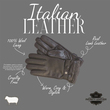 Men's Black Italian Leather Warm Wool Lining Winter Knit Rib Gloves - M-LGV-105