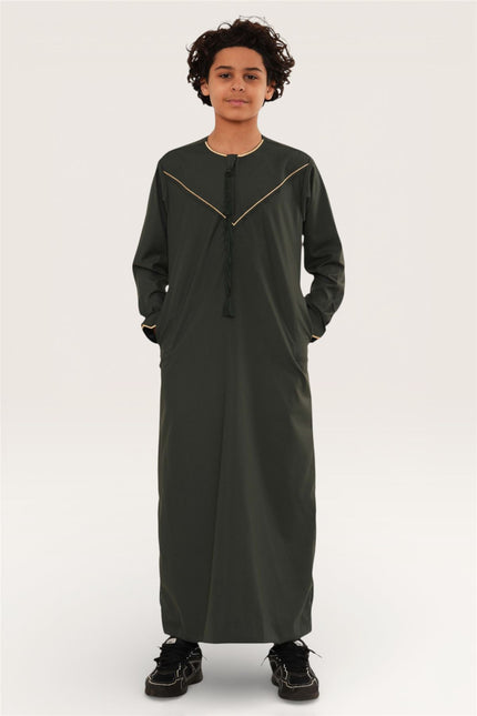 Kids Boys Ramadan Olive Green Moroccan Jubba Robe Djellaba Eid Thobe - K-TT-006
