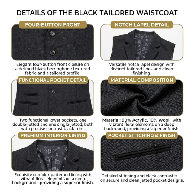 Women's Black Herringbone Wool Tweed Check Tailored Waistcoat - WS-1