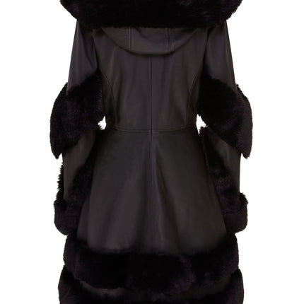 Womens Flared Black Luxury Leather Hooded Cape Coat With Fur