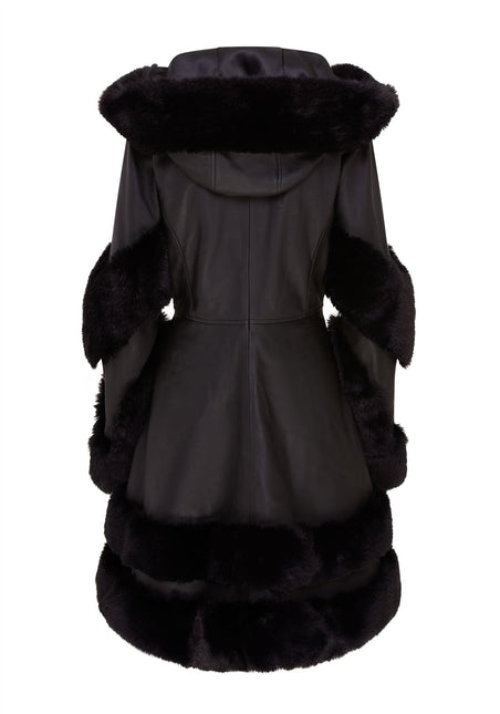 Womens Flared Black Luxury Leather Hooded Cape Coat With Fur