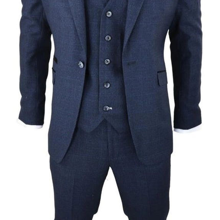 Mens 3 Piece Navy Blue Check Tweed Retro Classic Suit