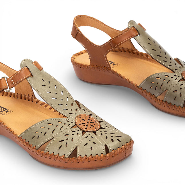 Pikolinos Women’s Tan Green Leather Cushioned Wedge Sandal Shoes - P-Vallarta