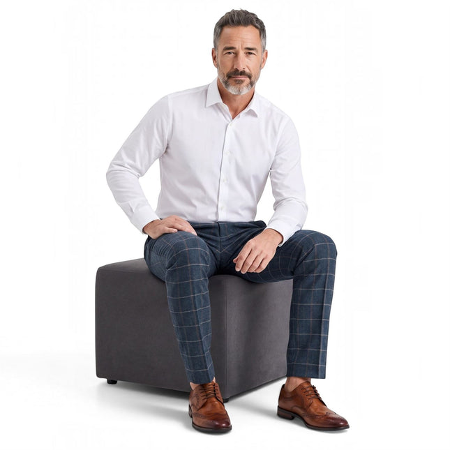 Men's Navy Tweed Herringbone Check Trousers - Harris