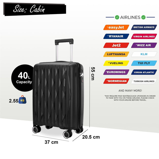 Robust Hard Shell Cabin Suitcase 37.5 x 20.5 x 55 cm TSA Luggage Suitable for Easyjet, Ryanair, Wizzair