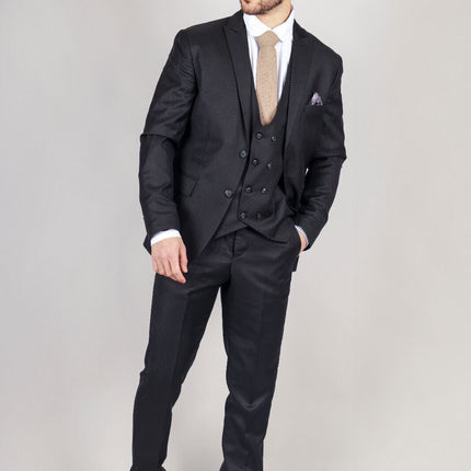 Mens IM1 Double Brusted Plain Black 3 Piece Suit