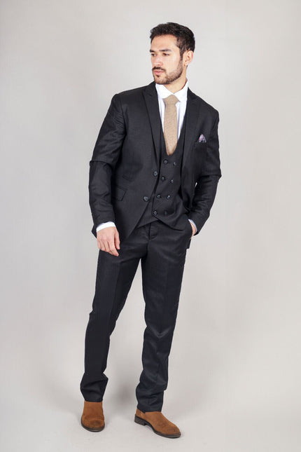 Mens IM1 Double Brusted Plain Black 3 Piece Suit