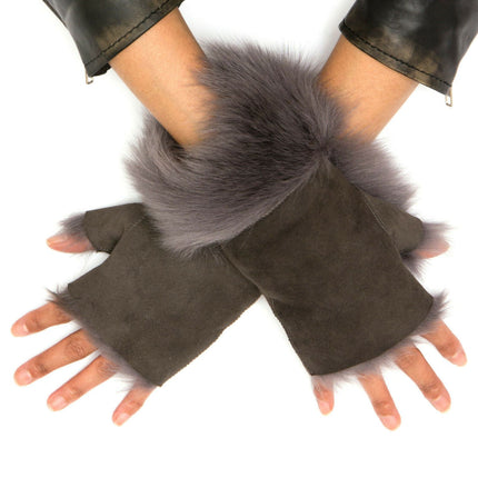Womens Shearling  Mittens Fingerless Cuffs Toscana Suede Sheepskin Fur