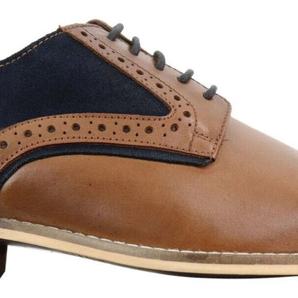 Mens Classic Navy Suede Oxford Brogue Derby Shoes In Tan Leather