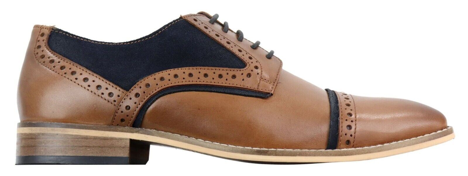 Mens Classic Navy Suede Oxford Brogue Derby Shoes In Tan Leather
