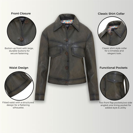 Womens Vintage Classic Lamb Leather Collared Biker Jacket
