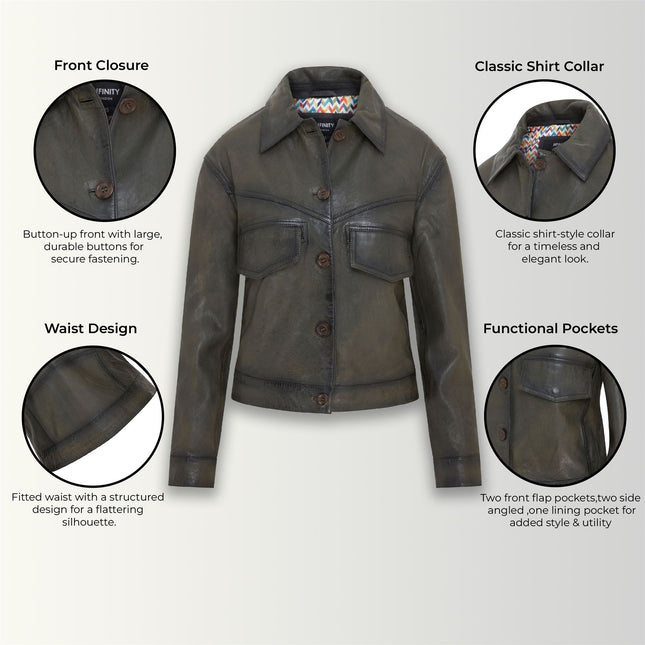 Womens Vintage Classic Lamb Leather Collared Biker Jacket